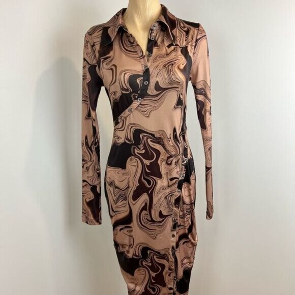 Song of Style Rommie Mesh Dress Brown Marble Women’s Small Long Sleeve Stretch - Picture 1 of 15